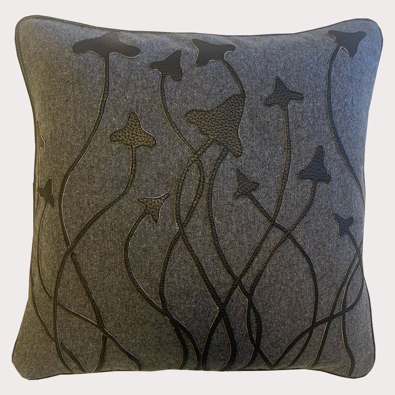 Wool Cushion with Mushrooms Appliqued in Recycled Leather