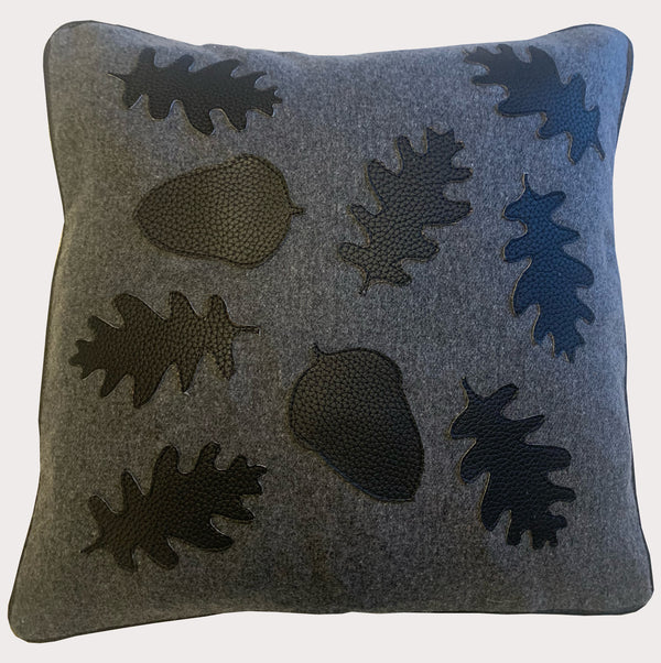 Wool Cushion with Oak and Acorn Applique in Recycled Leather
