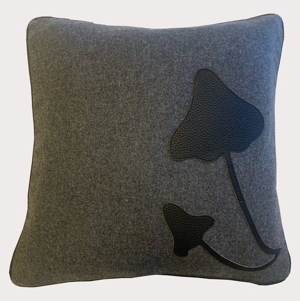 Wool Cushion with a Mushroom Applique in Recycled leather